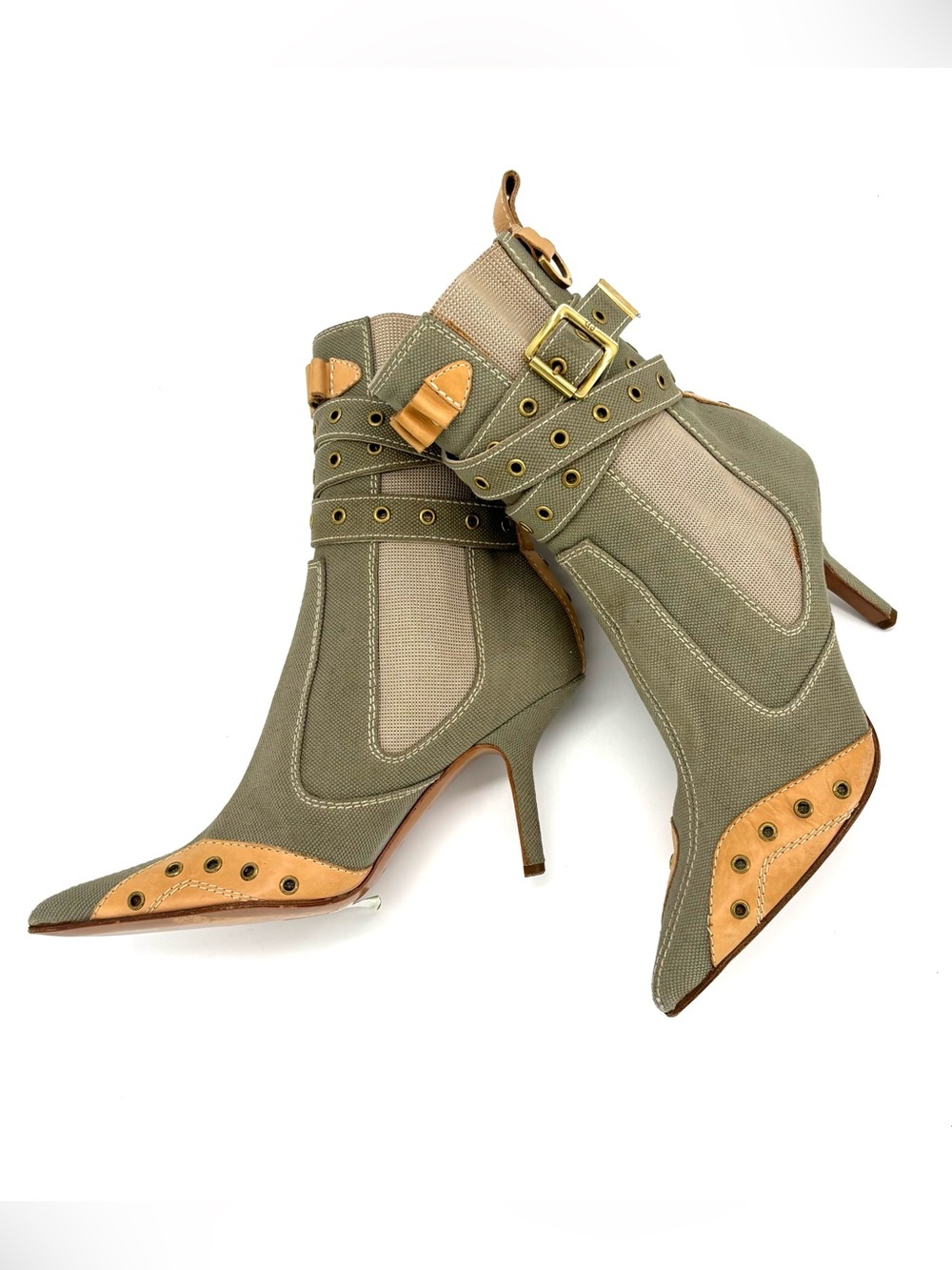Dior Vintage John Galliano Bondage Green Canvas Pointed Toe Chelsea Boots 36.5 - Picture 8 of 10